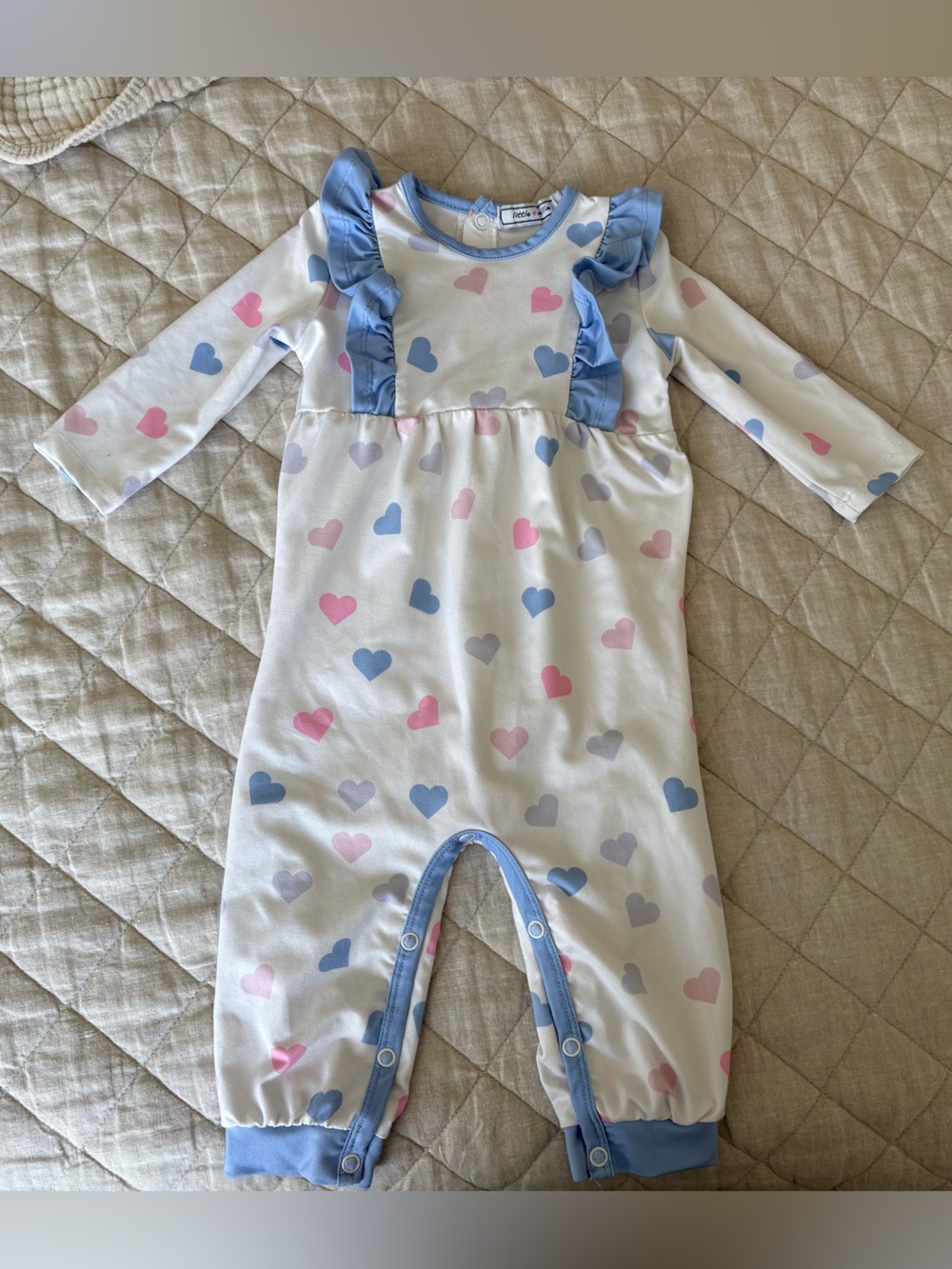 Little Millie Heart Print Baby Romper with Blue Trim